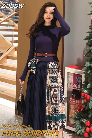 Znbbw 2023 New Spring Autumn Elegant Knitted Patchwork Pleated Midi Dress Women Long Sleeve Retro Runway Printing chic Dresses